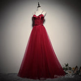 Gorgeous Dark Red Straps Tulle Long Party Dress, A-line Formal Dress