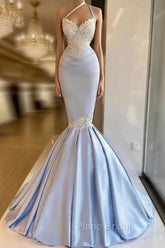 Gorgeous Halter Mermaid Formal Prom Dresses Long With Lace Appliques