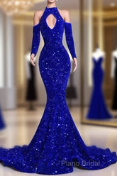 Gorgeous High Neck Long Sleeve Royal Blue Formal Prom Dresses Sequins Party Dresses