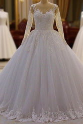 Gorgeous Long A-Line Bateau Pearl Tulle Appliques Lace Wedding Dress with Sleeves