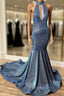 Gorgeous Navy Blue Long Mermaid V-Neck Formal Prom Dresses Spaghetti-Straps