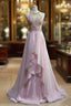 Gorgeous Pink A-Line Tulle High Neck Chiffon Long Beaded Backless Formal Prom Dresses Retro Wedding Birthday Dresses