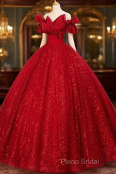 Gorgeous Red Tulle Ball Gown Off Shoulder Sweet 16 Dresses, Red Long Formal Dresses