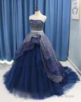 Gorgeous Tulle Strapless Beaded Long Layered Evening Dress, Blue Formal Dress Prom Dress