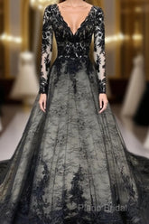 Gothic Black Lace Wedding Dresses Long Sleeves