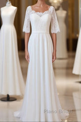 Graceful Long A-line Lace Chiffon Wedding Dress with Sleeves