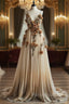 Gradient Champagne V-Neck Chiffon A-Line Formal Prom Dresses Three-Dimensional Rose Simple Wedding Dresses
