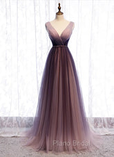 Gradient V-neckline Tulle Long Formal Prom Dresses Party Dresses, Gradient Evening Gown