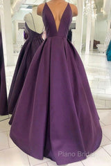 Grape Purple Satin V Neck Backless Long Formal Prom Dresses