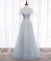 Gray A line Tulle Long Formal Prom Dresses, Gray Formal Bridesmaid Dresses