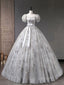 Gray A-Line Tulle Sequin Long Formal Prom Dresses, Gray Tulle Sweet 16 Dresses