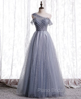 Gray Aline Long Formal Prom Dresses, One Shoulder Gray Formal Party Dresses