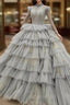 Gray Ball Gown Tulle Long Sleeve High Neck Beading Wedding Dresses