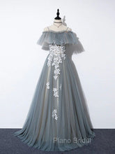 Gray Blue A line Tulle Lace Long Formal Prom Dresses, Gray Blue Graduation Dresses