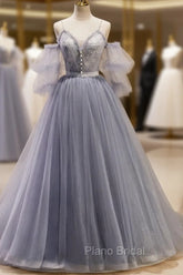 Gray Blue A-Line Tulle Lace Long Formal Prom Dresses, Gray Blue Formal Graduation Dresses