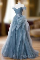 Gray Blue Tulle Lace Long Formal Prom Dresses, Gray Blue Formal Dresses