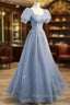 Gray Blue Tulle Long Formal Prom Dresses, Gray Blue Tulle Formal Evening Dresses