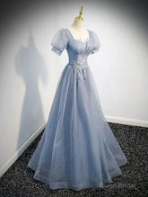 Gray Blue Tulle Long Prom Dress, Gray Blue Tulle Formal Evening Dresses