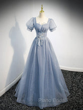 Gray Blue Tulle Long Formal Prom Dresses, Gray Blue Tulle Formal Evening Dresses