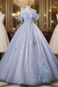 Gray Blue Tulle Sequins Off the Shoulder Quinceanera Dresses