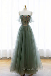 Gray Green Tulle Beaded Long Formal Prom Dresses, A-Line Evening Dresses