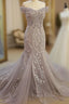 Gray Mermaid Off Shoulder Appliqued Lace Formal Prom Dresses