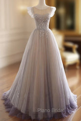 Gray Purple Round Neck Tulle Long Formal Prom Dresses, A line Formal Graduation Dresses
