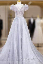 Gray Round Neck Tulle Lace Long Formal Prom Dresses, Gray Tulle Evening Dresses