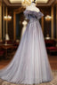 Gray Scoop Neckline Tulle Long Formal Dresses, A-Line Evening Graduation Dresses