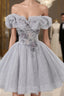 Gray Scoop Neckline Tulle Sequins Short Formal Prom Dresses, A-Line Off The Shoulder Formal Party Dresses