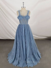 Gray Sweetheart Neck Tulle Lace Long Formal Prom Dresses Blue Formal Dresses