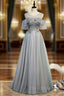 Gray Tulle Beading Sequins Formal Prom Dresses