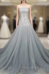 Gray Tulle Beads Long Formal Prom Dresses Gray Tulle Formal Evening Graduation Dresses
