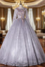 Gray Tulle Lace Appliques Long Sleeve Quinceanera Dresses