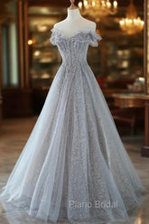 Gray Tulle Lace Floor Length Evening Dresses, Off the Shoulder Formal Prom Dresses