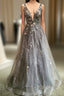 Gray Tulle Lace long A-Line Formal Prom Dresses, Gray V-Neck Evening Party Dresses
