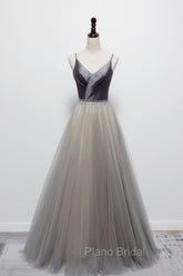 Gray Tulle Long A-Line Formal Prom Dresses, V-Neck Spaghetti Straps Evening Dresses