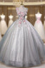 Gray Tulle Sequins 3D Flower Quinceanera Dresses