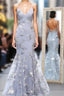 Gray Tulle Sequins Appliques Spaghetti Straps Backless Long Formal Prom Dresses