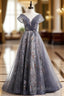 Gray Tulle Sequins Off the Shoulder Beading Formal Prom Dresses