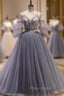 Gray Tulle Spaghetti Straps Button Formal Prom Dresses