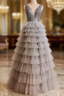 Gray Tulle V-neck Sequins Tiers Formal Prom Dresses