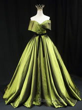 Green A line Satin Long Formal Prom Dresses, Green Satin Formal Evening Dresses