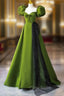Green A-Line Satin Sweetheart Short Sleeves Party Dresses, Green Long Formal Prom Dresses