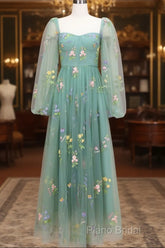 Green A-Line Sweetheart Green Tulle Lace Long Formal Prom Dresses, Green Formal Dresses