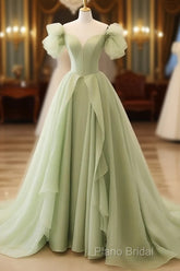 Green A Line Tulle Long Formal Prom Dresses V Neck Long Formal Dresses