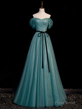 Green A line Tulle Sequin Long Prom Dress, Green Tulle Graduation Dress