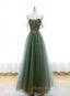 Green A-line Tulle with Lace Applique Long Formal Dresses, Green Formal Prom Dresses