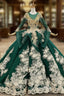 Green Ball Gown Tulle Appliques Backless Long Sleeve Beading Wedding Dresses