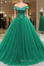 Green Ball Gown Tulle Off the Shoulder Beading Formal Prom Dresses